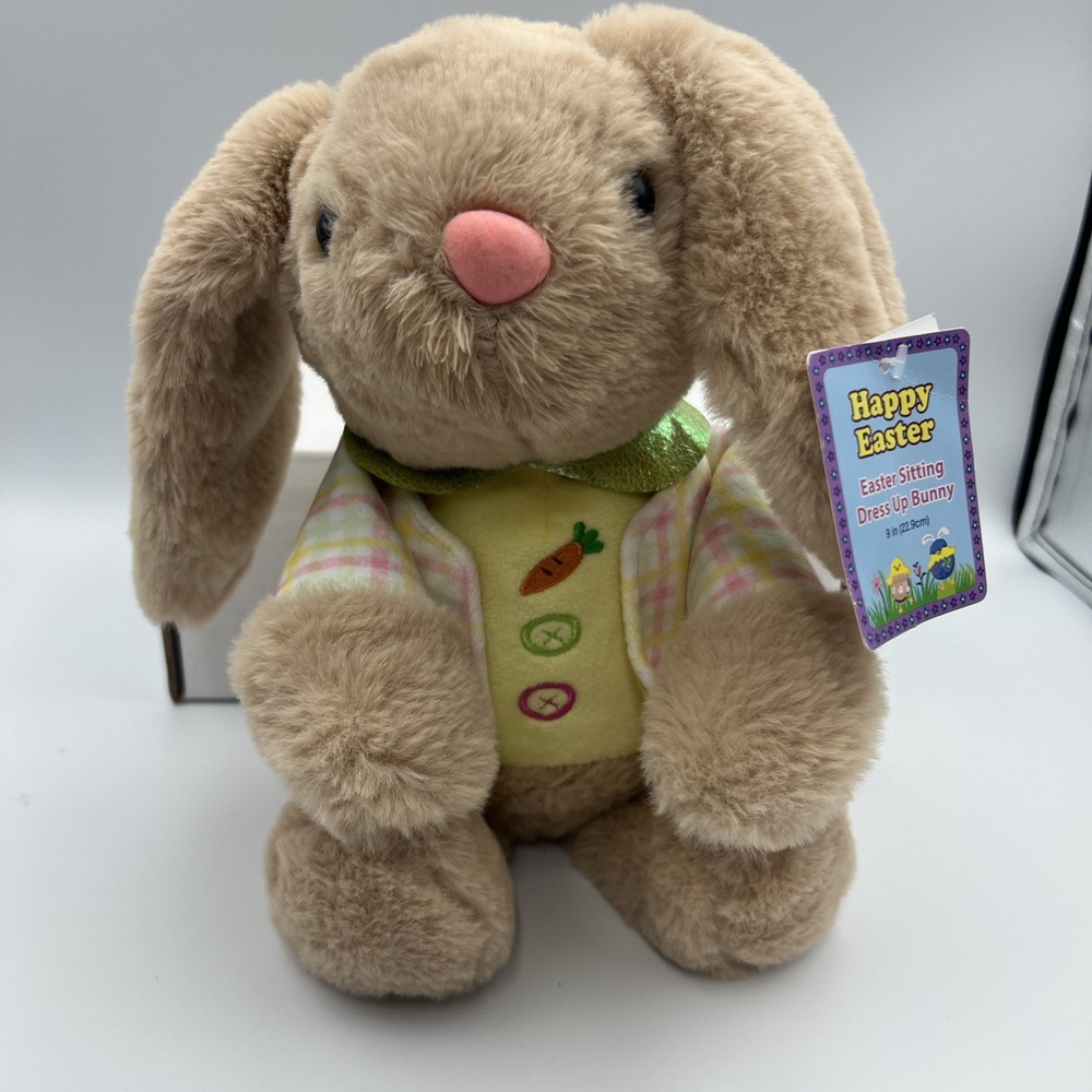 Sitting Bunny Rabbit 10" Lop Eared Pink Yellow Striped Jacket‎ Plush